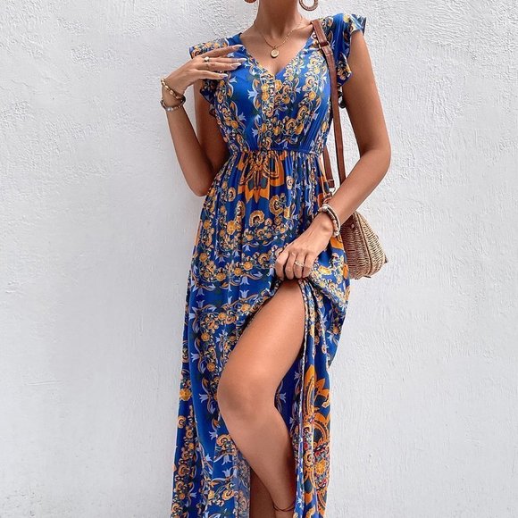 Navy Blue Casual Womens Scarf Print Ruffle Trim Split Thigh Dress Withou…
